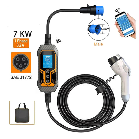 Road Ready Portable EV Charger With Type 1 J1772 Adapter Plug And Play Design Thirty Two Amps Seven Kilowatts with display and cable.