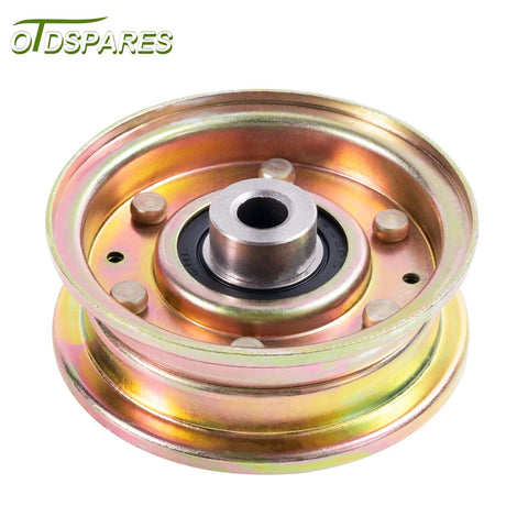 Flat idler pulley with central bore and bearing; bronze-toned metal finish, front view, for lawn equipment.