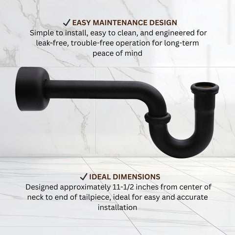 One And A Half Inch OD 17 Gauge Brass P-Trap With High Box Flange Matte Black Finish Complete P-Trap Set side view