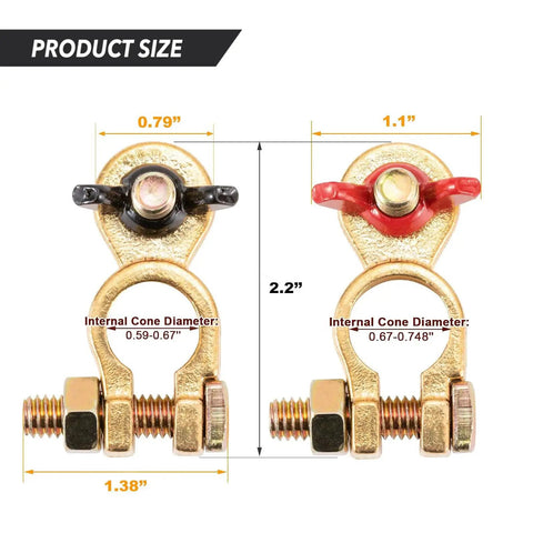 Beefed Up Brass Marine Grade Battery Terminal Kit With Adjustable Clamps And Anti Corrosion Pad dimensions shown