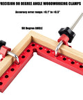 Four Pack 90 Degree Corner Clamps For Woodworking Pro Grade Aluminum Right Angle Clamps 5.5 Inch By 5.5 Inch Precision Jigs For Picture Frames Cabinets Boxes And Drawers That Pull Tight Every Time, red aluminum corner clamp on wood joint