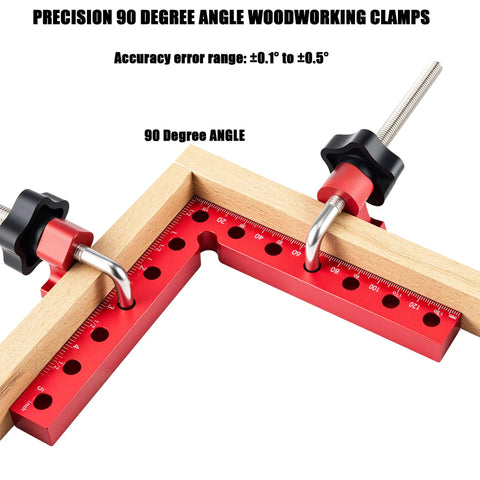 Four Pack 90 Degree Corner Clamps For Woodworking Pro Grade Aluminum Right Angle Clamps 5.5 Inch By 5.5 Inch Precision Jigs For Picture Frames Cabinets Boxes And Drawers That Pull Tight Every Time, red aluminum corner clamp on wood joint