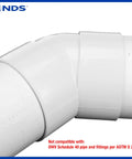 PVC 6-Inch 45-Degree Elbow for Hub to Hub Solvent-Weld Connections in white, close-up view showing durable pipe fitting.