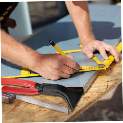 45 Degree Sheet Metal Bender Hand Seamer with non-slip grip shown with metal sheet on workbench
