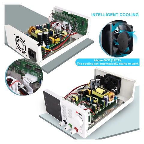 Pro-Grade Dual Display Digital Programmable DC Power Supply For Labs With Precision 1A Adjustable Output And 10A Current Capacity, cooling fan view