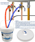Tankless Water Heater Flush Kit With Submersible Pump, 3.2 Gallon Pail With Screw Top Lid, Two Three Quarter Inch GHT Hoses, Six Feet Color Coded Rubber Hoses, Easy Home Maintenance To Extend Heater Life setup with color-coded hoses and descaler kit.