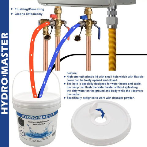 Tankless Water Heater Flush Kit With Submersible Pump, 3.2 Gallon Pail With Screw Top Lid, Two Three Quarter Inch GHT Hoses, Six Feet Color Coded Rubber Hoses, Easy Home Maintenance To Extend Heater Life setup with color-coded hoses and descaler kit.