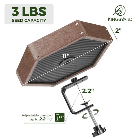 Clamp On Deck Bird Feeder With 11 Inch Hexagon Tray No Drill Balcony Railing Mount 2.2 Inch Clamp Adjustable Recycled Plastic Seed Tray