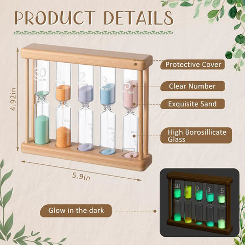 Glow In The Dark Sand Timer Set 0.5 1 2 3 5 Minute Wooden Hourglass Luminous Timers For Teeth Brushing Cooking Home Office Classroom Decor And Creative Timing Tool with protective cover and borosilicate glass.