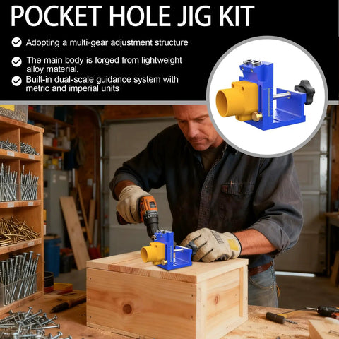 Heavy Duty Pocket Hole Jig Kit With Integrated Dust Catcher Quick Lock Handles and Dead Accurate Alignment shown in use for woodworking drilling.