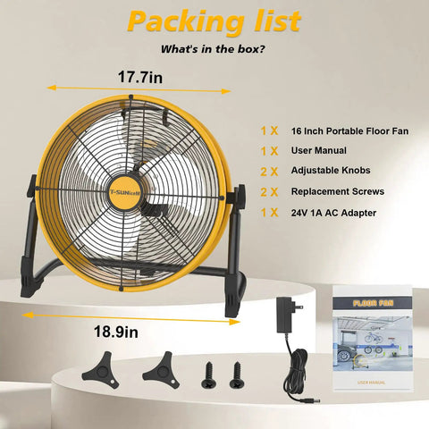 Packing list with dimensions of Dual Power 16 Inch Floor Fan Cordless Or AC Powered with accessories displayed.