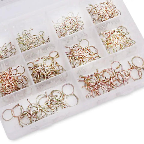 Heavy Duty Fuel Line Hose Clamp Kit 250 Pieces With 10 Sizes From 5mm To 14mm Iron Zinc Plated Clips For Motorcycle Scooter ATV With Rugged Re Sealable Storage Case, showing assorted metal clamps in storage box
