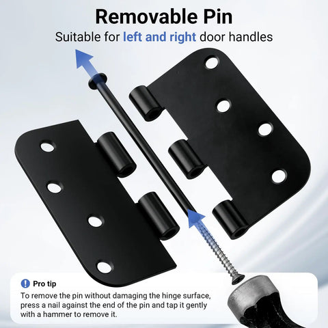 Three Pack Four Inch Matte Black Door Hinges Heavy Duty Solid Iron Interior And Exterior With Five Eighths Inch Radius Corner Removable Pin Rustproof For Front Door Garage And Bedroom, removable pin detail