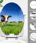 Elongated Toilet Seat with Quiet Close Quick Release featuring cow print design and stainless steel hinges.