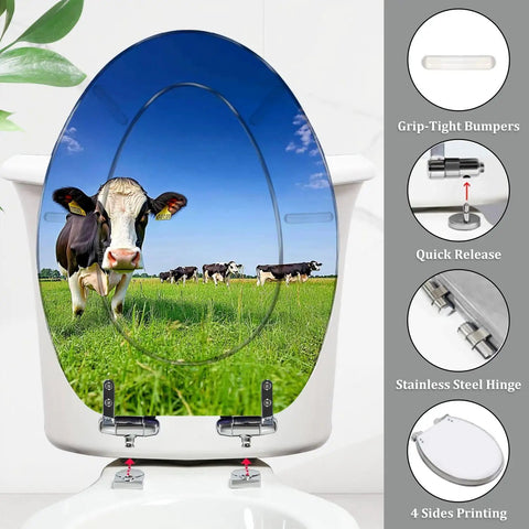 Elongated Toilet Seat with Quiet Close Quick Release featuring cow print design and stainless steel hinges.