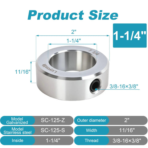 Two Piece One And One Quarter Inch Bore Shaft Collars Zinc Plated Solid Steel With Set Screws Two Inch Outer Diameter