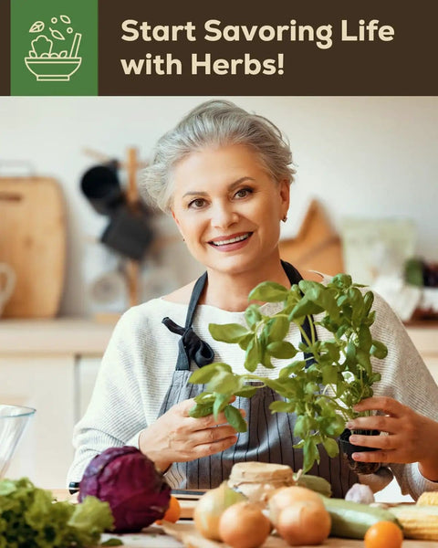 Older woman in kitchen holding fresh herbs, surrounded by vegetables, promoting Indoor Herb Garden Kit With Eight Heirloom Seeds For Windowsill.