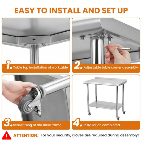 Steps to assemble Go-To 36X24 Inch NSF Stainless Steel Work Table On Wheels With Hooks And A 3 Stage Adjustable Shelf.
