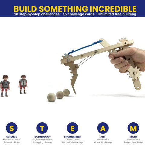 Totally Sweet Real Wood Stem Building Kit Featuring Legit Hydraulic Crane Gears Levers And Pulleys Tools With Challenge Guide Book For Killer Hands On Science Play Adventures Ages Eight Plus, hand holding crane.