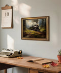 Gold Framed Vintage Steam Train Poster Canvas Print Wall Art in rustic office setting, typewriter on table, 24x36 inches