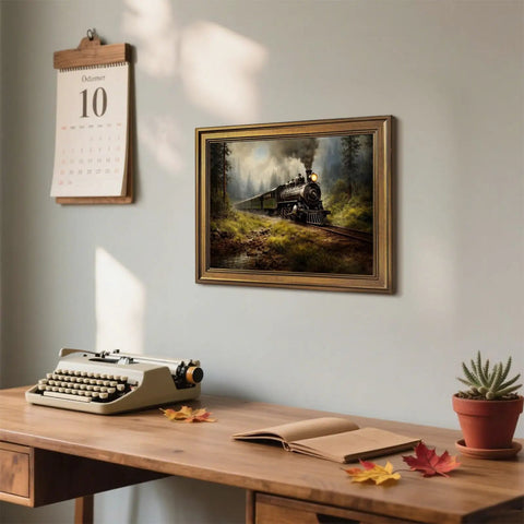 Gold Framed Vintage Steam Train Poster Canvas Print Wall Art in rustic office setting, typewriter on table, 24x36 inches