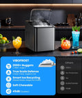 Nugget Ice Maker countertop in stainless steel with lid open, ice visible and drinks nearby.