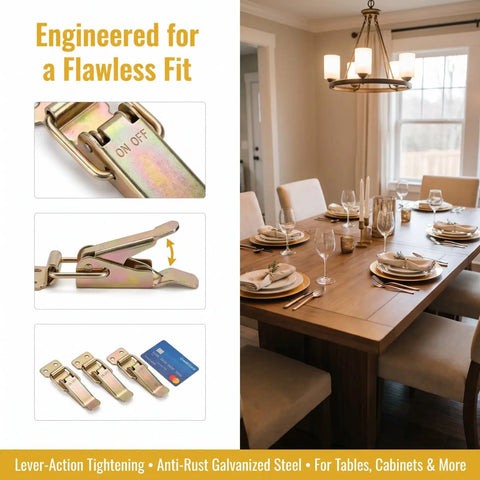 Built Tough Table Leaf Latches Rock Solid Extension Connectors Zero Fuss Assembly Galvanized Steel Satin Finish Hardware For Dining Tables Desks And Drawers 4 Pack Set shown in use with dining table and latches close-up.