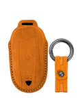 Premium Suede Leather Key Fob Cover For Tesla Model X Hand Crafted Automotive Key Holder Orange Wrap with keyring.