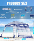 Eight By Eight Foot Beach Cabana Tent With Sun Shield UPF 50 Plus Foldable Outdoor Canopy Detachable Side Wall shown on beach