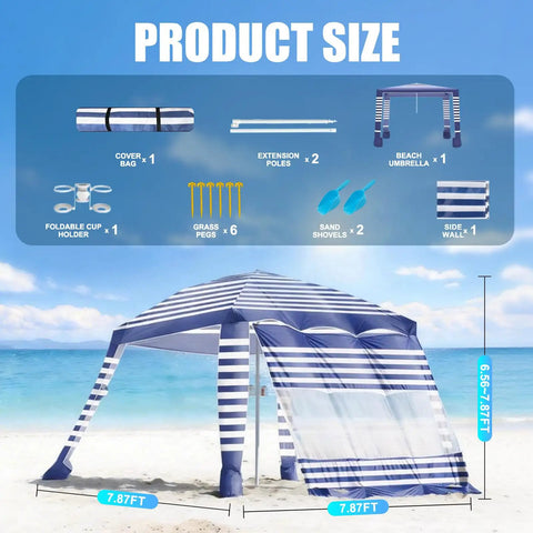 Eight By Eight Foot Beach Cabana Tent With Sun Shield UPF 50 Plus Foldable Outdoor Canopy Detachable Side Wall shown on beach