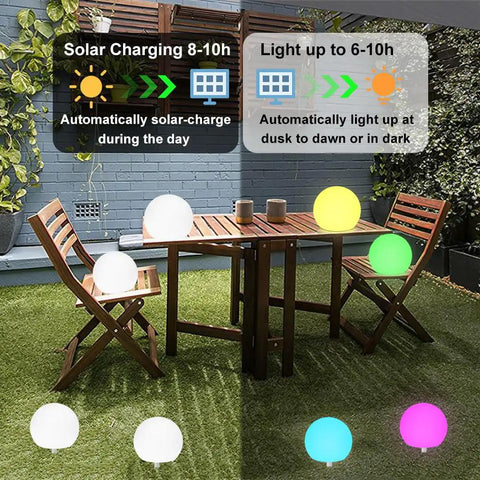 8 Inch Solar Globe Light Outdoor Waterproof With Remote Control, 16 RGB Color Changing Glowing Orb Lamp on patio table
