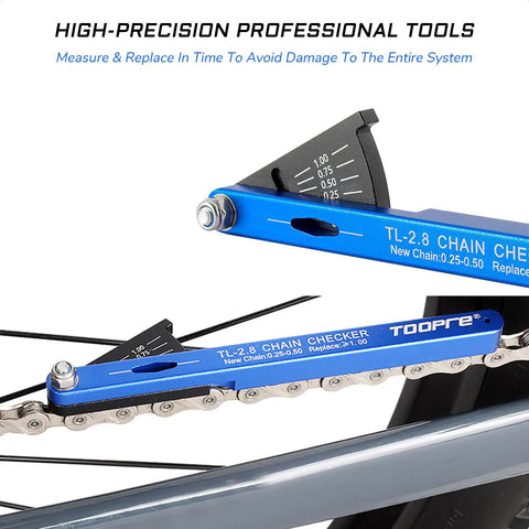Close-up of blue Bike Chain Checker Tool For All Chains Including Shimano SRAM KMC Campagnolo Fast Chain Wear Indicator in use.