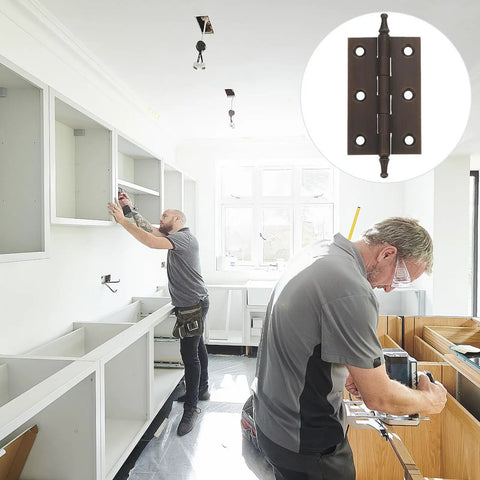 Copper Cabinet Butt Hinges for DIY Furniture and Cupboards installation shown with workers assembling cabinets.