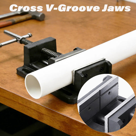 4 Inch Drill Press Vise Beefy Heavy Duty Solid Cast Iron Bench Vise With V Groove Jaws For Precision Drilling In Metalworking And Woodworking Rock Solid Stability Smooth Guide Rails And Easy One Hand Clamp clamping white pipe