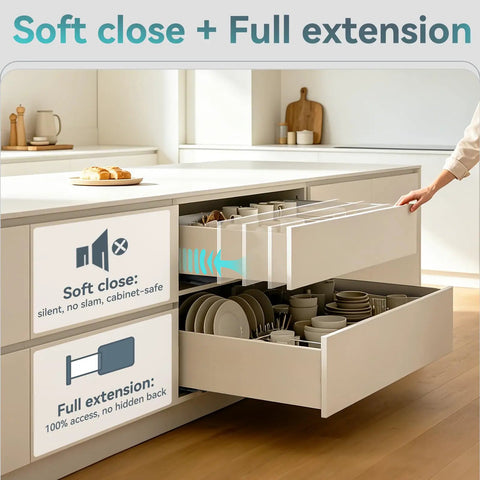 Heavy Duty 10 Inch Bottom Mount Soft Close Drawer Slides in a modern kitchen, showcasing full extension and soft close features.