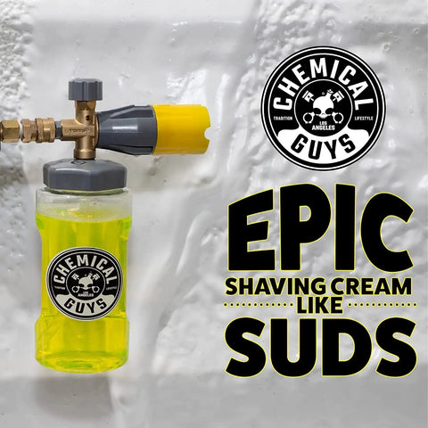 Big Mouth Max Release Foam Cannon For Pressure Washer 34 Ounce Bottle Pro Grade Car Wash Foam mounted on wall with suds effect