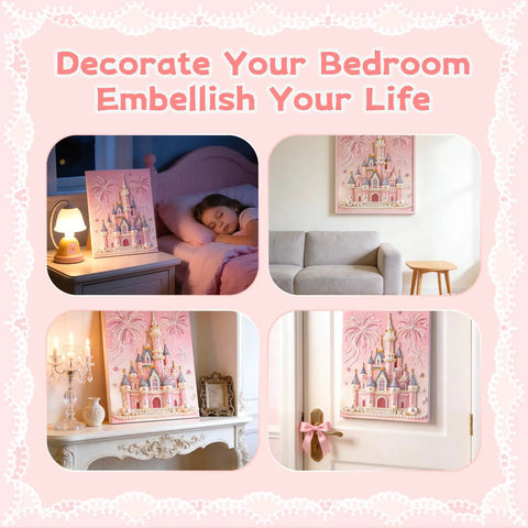 Dope 3D Castle Beaded Art Kit With Pearl Painting displayed in various home settings for wall decor.