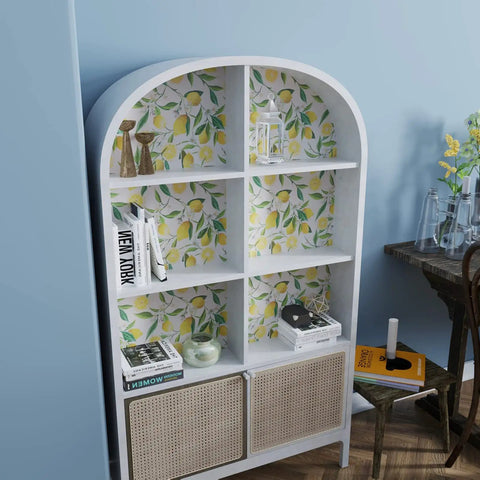 Bookshelf with Lemon Peel And Stick Floral Wallpaper Dope Fresh Citrus Leaf Prints Removable Self Adhesive Vinyl backdrop.