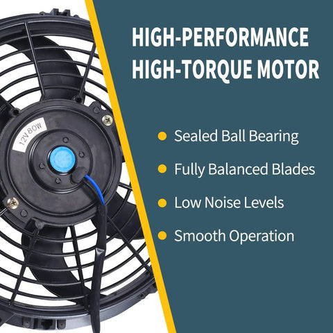 Close-up of 10 Inch Universal Slim Push Pull Radiator Cooling Fan Kit For 12V Engines, High Performance 80W motor details, black.
