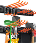 Heavy Duty Garden Tool Organizer Wall Mount Rack with Six Steel Hooks 48 Inch Three Rail Garage Storage System in use