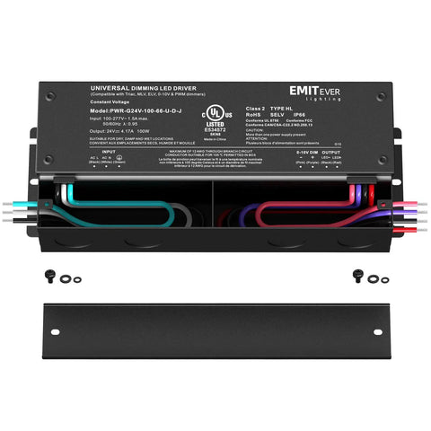 Go-To Five In One Dimmable LED Driver For Tough Lighting Setups, 100W AC 100-277V To DC 24V Transformer, open view, wiring details