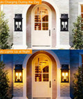 Super Bright Solar Porch Lights With Smart Motion Sensor Sconce Natch Kicks On Yard Fence And Patio For Straight Up Security And Super Fly Nighttime Glow, illuminated at night and charging during the day.