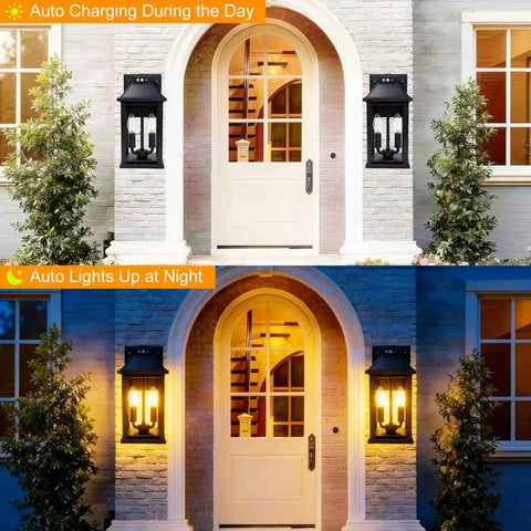 Super Bright Solar Porch Lights With Smart Motion Sensor Sconce Natch Kicks On Yard Fence And Patio For Straight Up Security And Super Fly Nighttime Glow, illuminated at night and charging during the day.