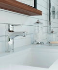Modern Single Handle Bathroom Faucet For 1 Hole Sink In Polished Chrome With Pop Up Drain And Push And Seal Technology