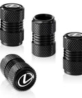 Lexus Tire Valve Stem Caps Aluminum Alloy 4 Pack With Belt O Ring Air Caps, black with Lexus logo, shown in close-up view.