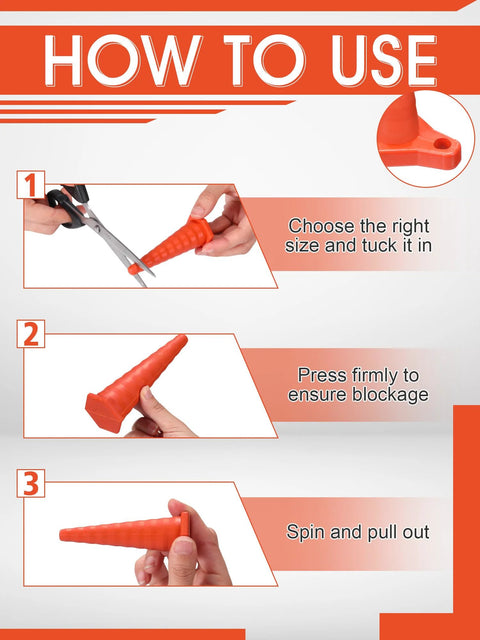 Instruction guide showing use of 42 Piece Hydraulic Oil Service Plugs Set in large, medium, small sizes made of durable rubber for pipes