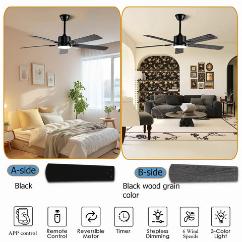52 Inch Modern Ceiling Fan With Lights App Remote Control Low Profile Reversible DC Motor 6 Speeds For Indoor Outdoor Patio Bedroom Living Room Black Whisper Quiet Operation in bedroom and living room setup