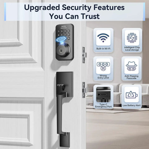No Sweat Smart Fingerprint Door Lock With Lightning Fast Zero Lag App Unlock And Smooth Turn Handle Set In Glossy Black For Rock Solid Front Door Security