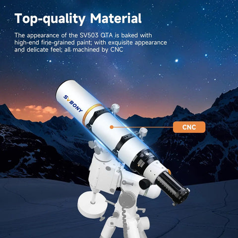 102mm F7 Refractor Telescope for Adults with Extra Low Dispersion Optics on a mount, CNC machined against starry sky backdrop.