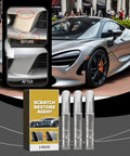 Slick Car Scratch Repair Pen Set For Fast Silver Touch Up Paint And Quick Clear Coat Markers with 3 pens and before/after demonstration.